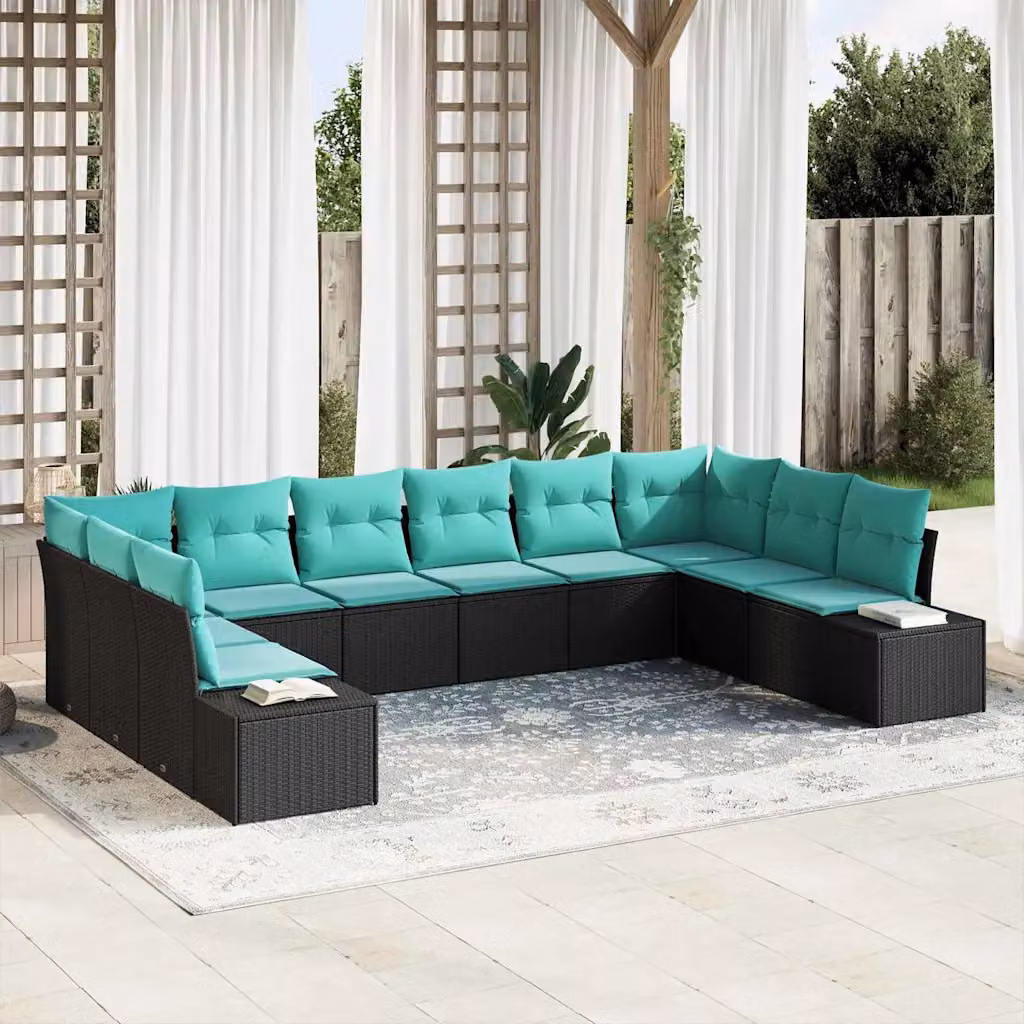 Set Divano da Giardino vidaXL a forma a U composto da 10 pezzi con Cuscini, Colore Nero e Blu, Struttura in Metallo e Polyrattan