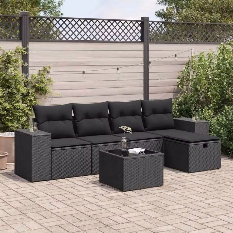 Set Divano da Giardino a L vidaXL in Polyrattan Nero con 6 Cuscini e Tavolino da Esterno