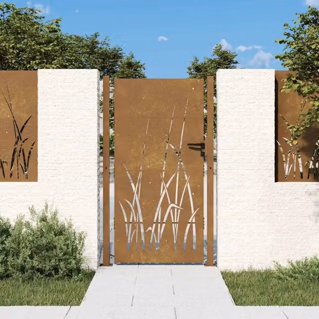 Cancello singolo da giardino vidaXL in acciaio color marrone con design erba L: 105 cm, H: 175 cm