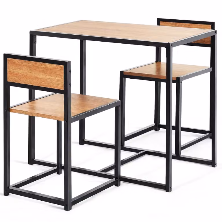 COSTWAY 3 pezzi bar cucina tavolo alto con 2 sedie da bar con struttura in metallo tavolo da cucina bar set per piccole stanze cucina sala da pranzo e bistrot legno natura