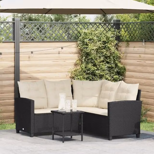 Divano da Giardino con Tavolo e Cuscini a L Nero in Polyrattan 4103872