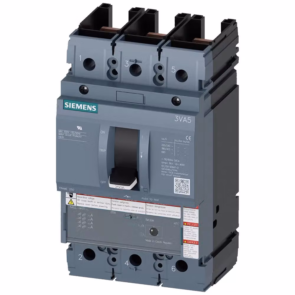 Interruttore di potenza Siemens 3VA5 UL, telaio 250, a 3 poli, protezione contro le sovracorrenti TM120M, AM, In=150 A 3VA52150MU310AA0
