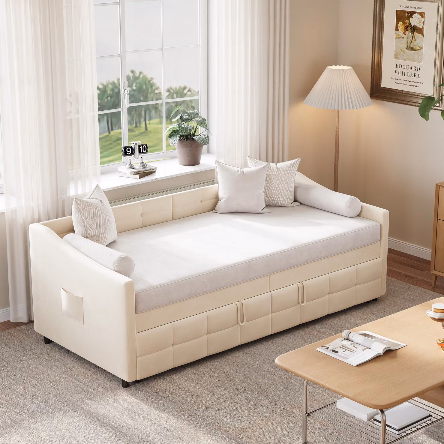 Divano letto ProximaX 90×200 cm in crema, tessuto velluto, allungabile con molla a gas - divano multifunzionale e letto per ospiti
