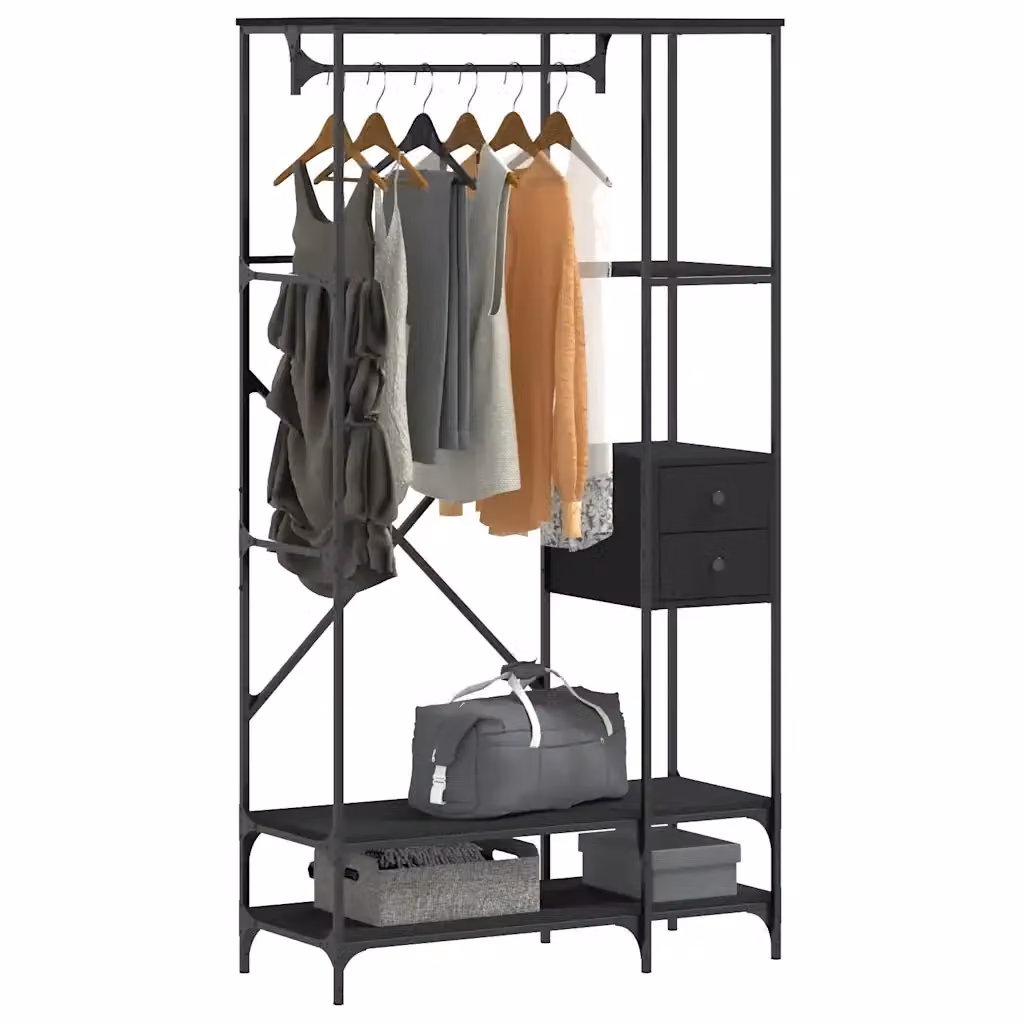 Appendiabiti con Scaffali Nero in Legno Multistrato e Metallo DESIGN IN L: 180 cm, P: 40 cm, H: 40 cm – 2