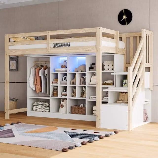 Hochbett 90x200 cm in legno con contenitore; LED integrata e scala laterale; bianco e naturale