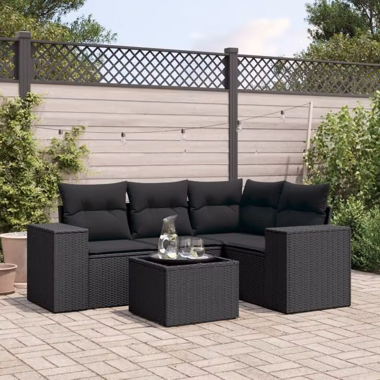 Set di Divani da Giardino vidaXL 5 Pezzi a Forma di L con Cuscini e Tavolino, Polyrattan Nero e Struttura in Acciaio