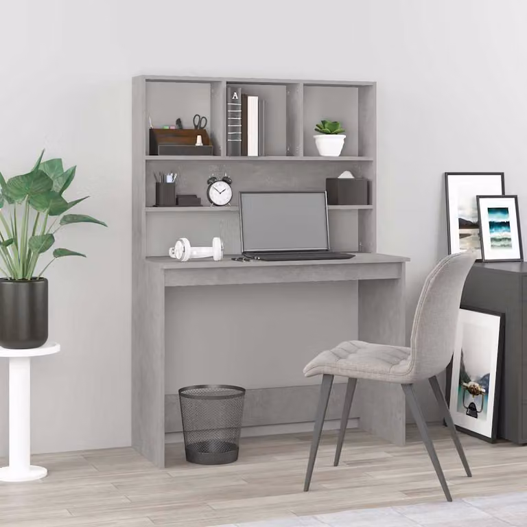 Scrivania con mensole vidaXL in legno multistrato e MDF, colore grigio cemento, L 102 x P 45 x H 148 cm