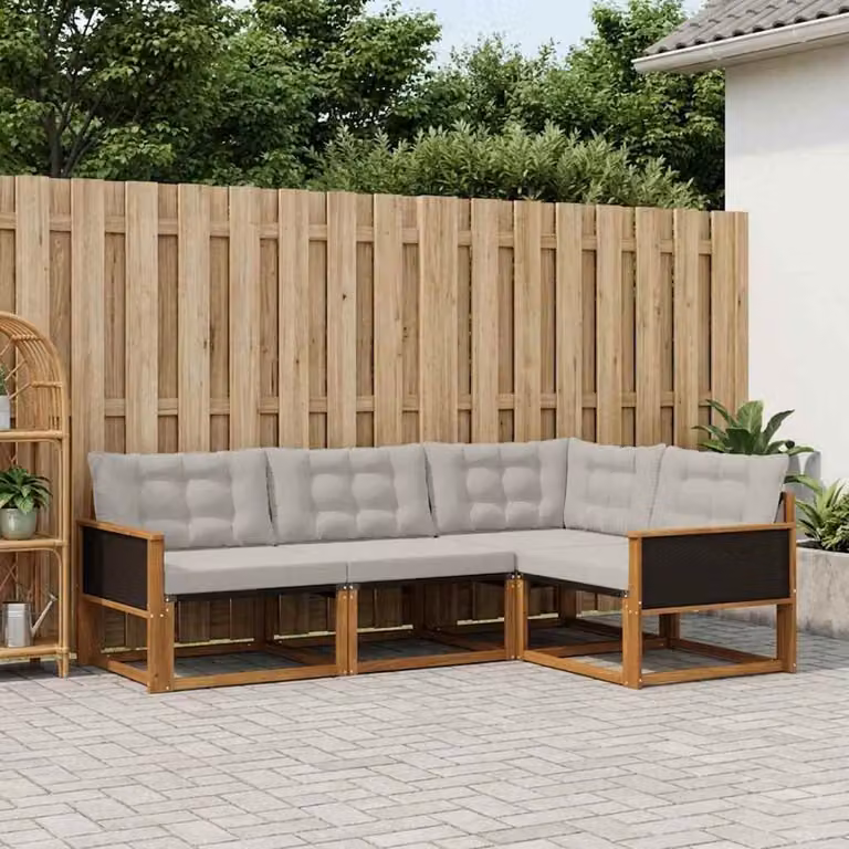 Set di divani da esterno vidaXL a forma di L composto da 4 pezzi in legno di acacia e textilene, colore beige e grigio con cuscini inclusi