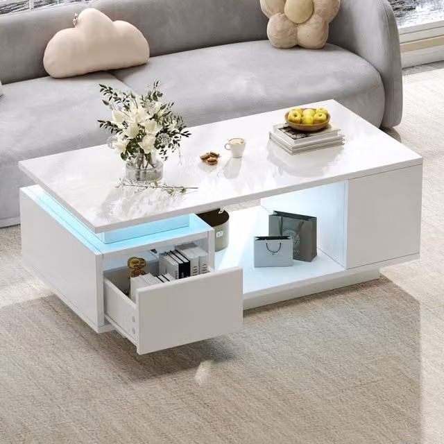 Tavolino da Salotto Bianco 100x50x36 cm con Cassetto, LED Alta Lucidità, 4 Vani Laterali e Design Traforato Centrale