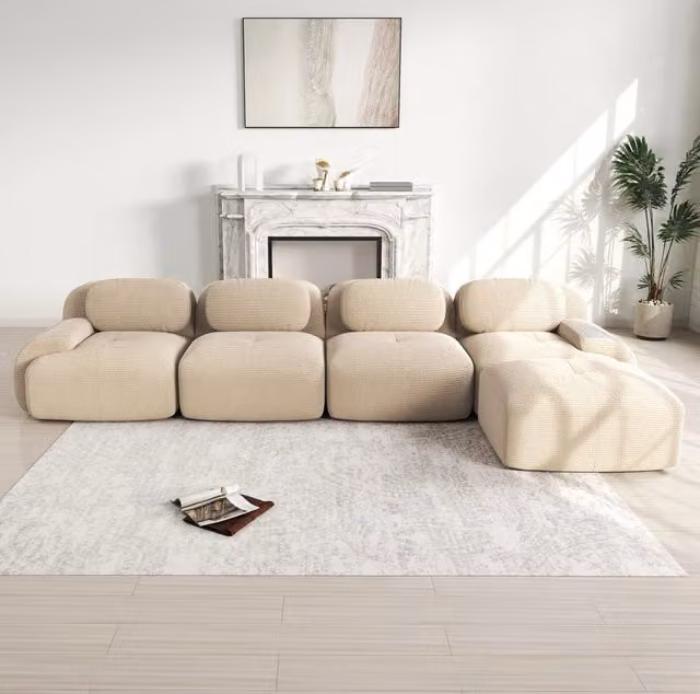 Divano angolare modulare 4 posti in velluto a coste beige, 32D, senza montaggio