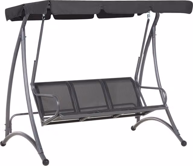 Altalena da giardino Beliani a 3 posti con struttura in acciaio verniciato nero e seduta in textilene grigio e canopea parasole L: 280 cm, P: 120 cm, H: 169 cm