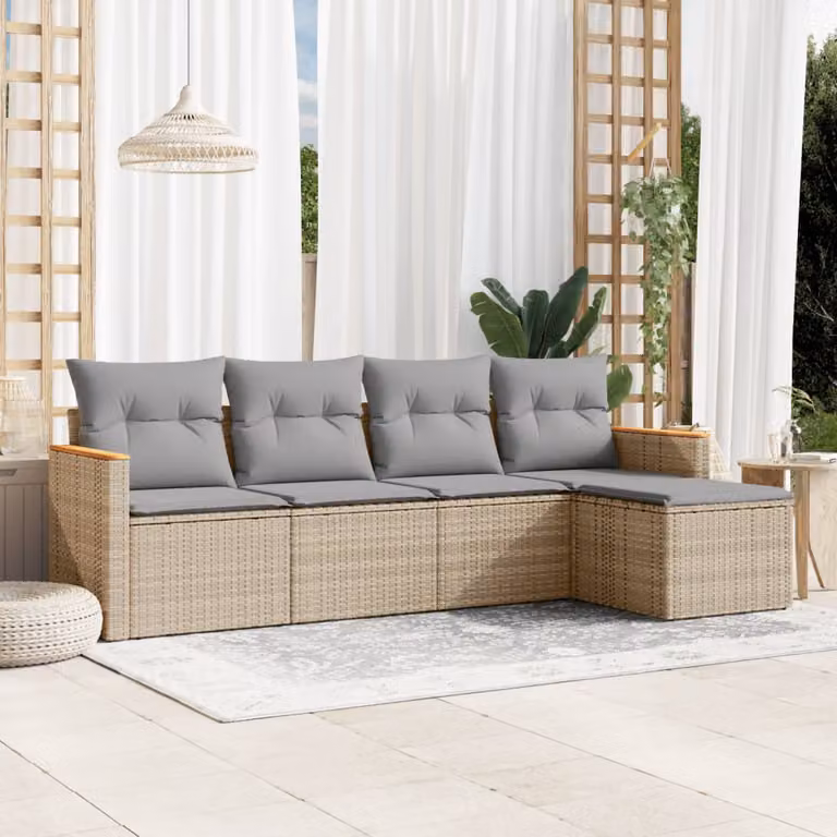 vidaXL Set Divano da Giardino 5 pz a L in Polyrattan con Cuscini Beige e Grigio