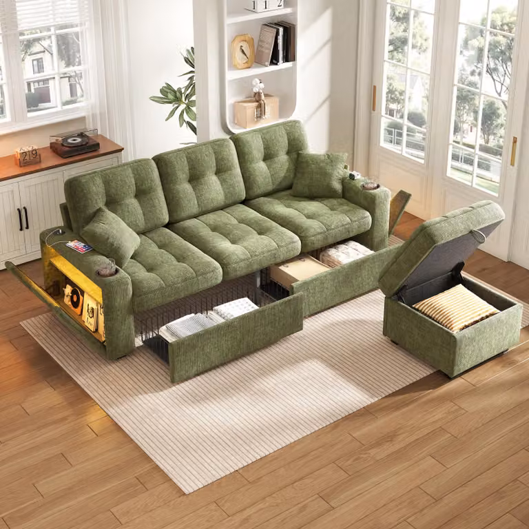 Divano modulare multifunzionale in chenille, divano a 3 posti imbottito con porta USB-C, illuminazione LED, portabicchieri e spazio contenitivo, divano angolare moderno, verde