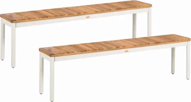 Set da giardino composto da 2 panchine in legno di acacia a doghe con struttura in metallo marrone stile moderno