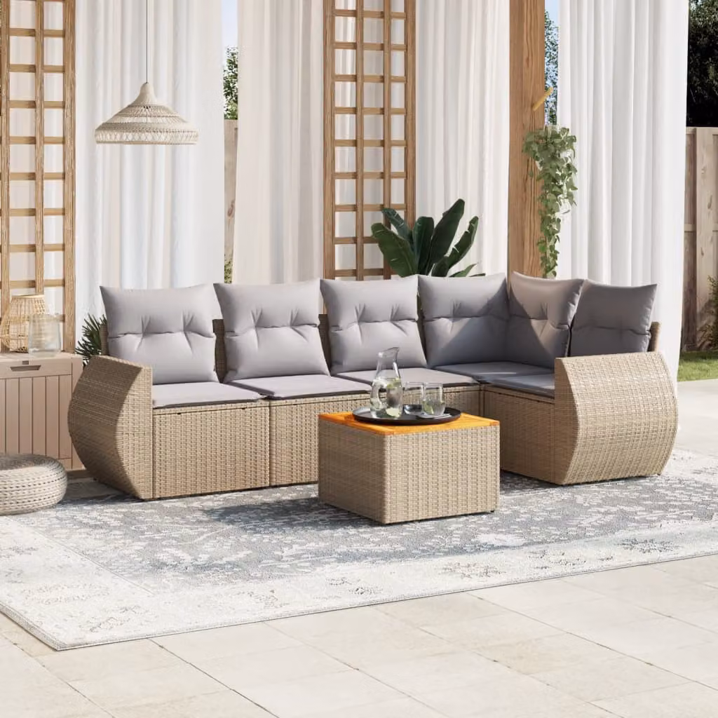 Set Divano da Giardino 6 pz vidaXL in Polyrattan Beige con Cuscini e Tavolino da Esterno a Forma di L – 1