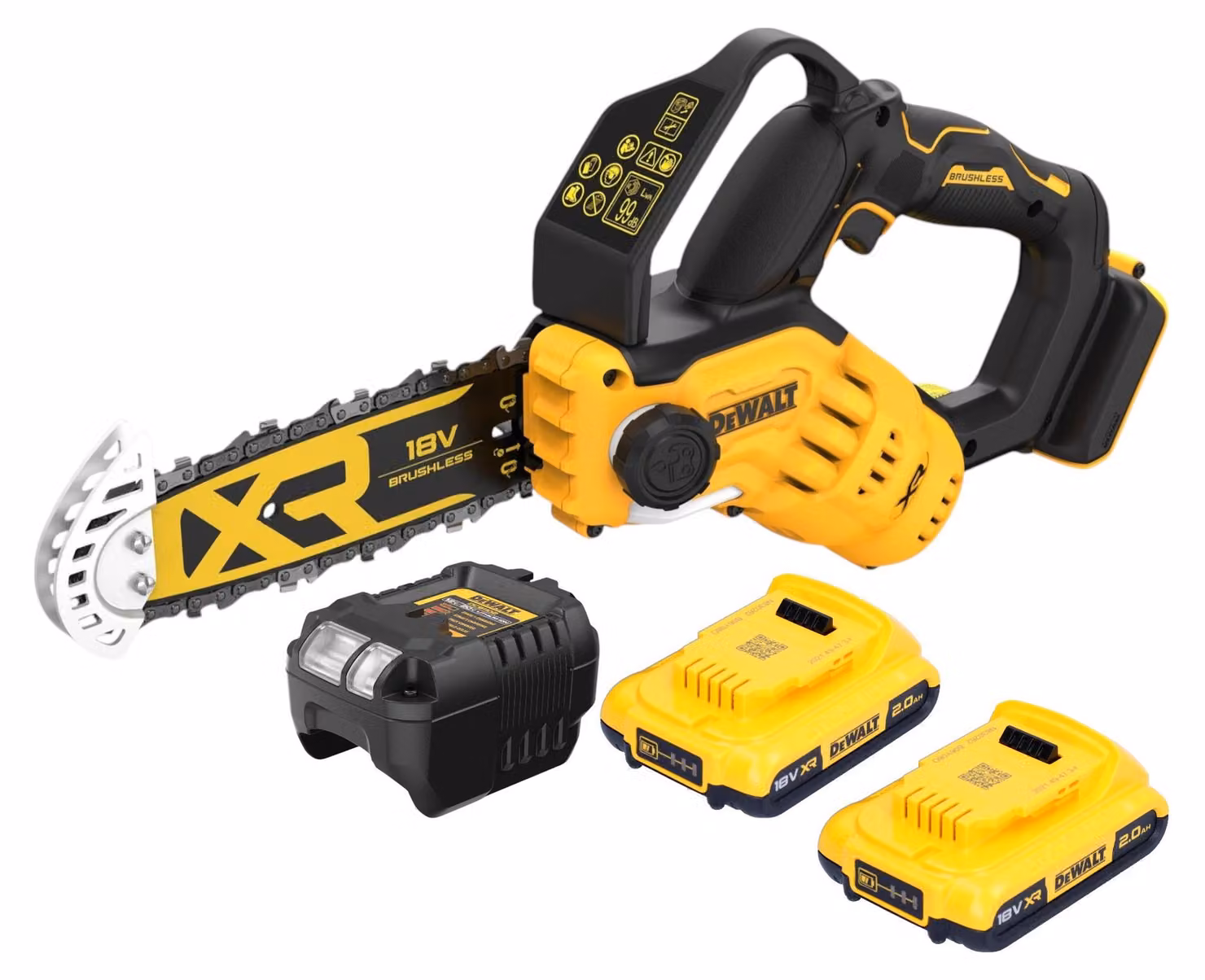 Sega per potatura a batteria DeWalt DCMPS 520 D2 18 V 20 cm senza spazzole + 2x batteria 2,0 Ah + caricabatterie