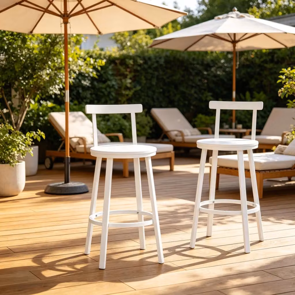 Set da 2 pezzi di sgabelli da bar moderni REDOM in MDF e metallo bianco con schienale, Altezza: 65 cm – 2