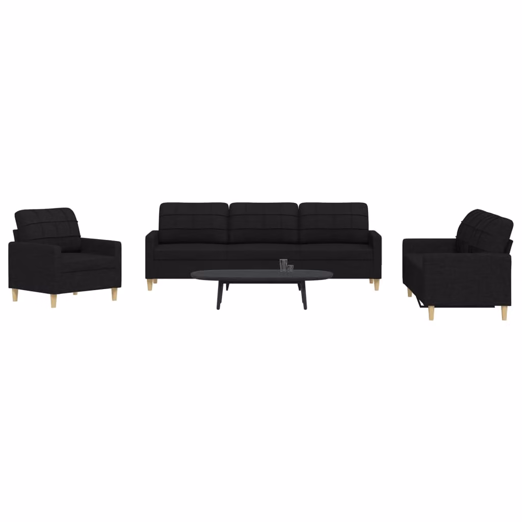 Set di divani 3 pezzi vidaXL in tessuto nero con struttura in metallo per soggiorno – 1