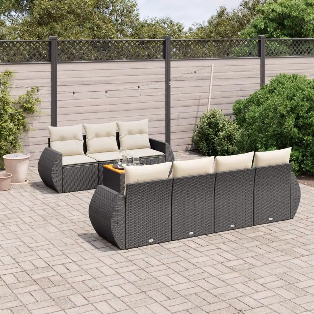 vidaXL Set Divani da Giardino in Polyrattan Nero con Cuscini e Tavolino da Esterno 8 pz – 1