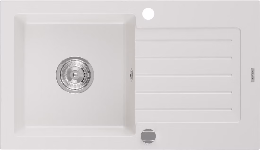 Mexen Pablo lavello in granito a 1 vasca con scolapiatti 752 x 436 mm, bianco, sifone cromato - 6510751010-20