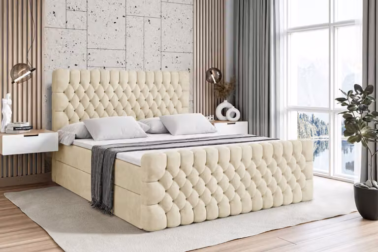 Letto boxspring ALTDECOR con pediera, materasso H3 e topper - 120 x 200 cm - SERENE-Z - Velluto beige - Letto imbottito con contenitore e rete a doghe, letto con spazio contenitivo