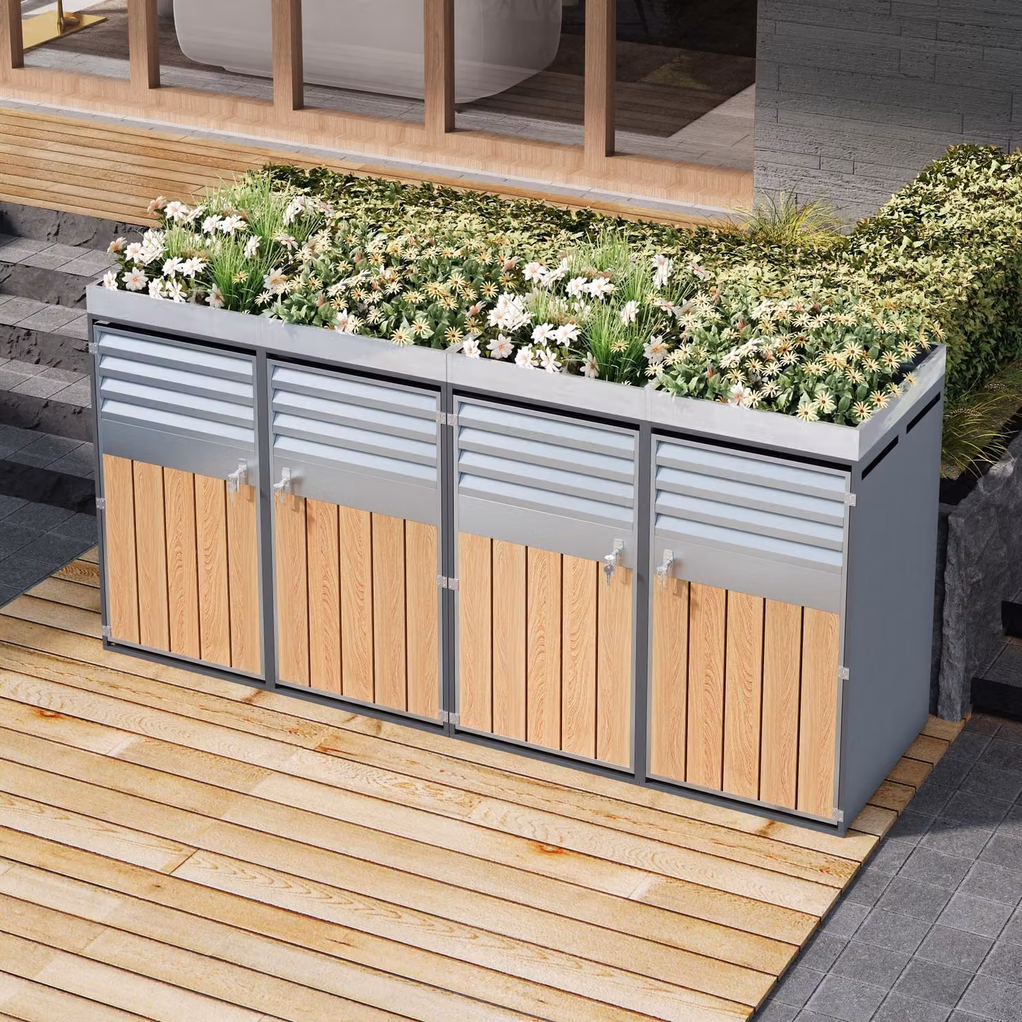 Merax Set di 2 contenitori per bidoni della spazzatura a 2 scomparti con fioriera, rivestimento per bidoni della spazzatura con fessure di ventilazione e venature del legno verticali, chiudibile a chiave, per esterni