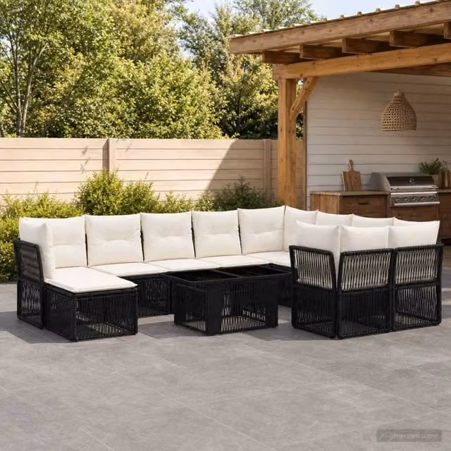 Set Divano da Giardino vidaXL 11 Pezzi in Polyrattan Nero con Cuscini e Tavolino