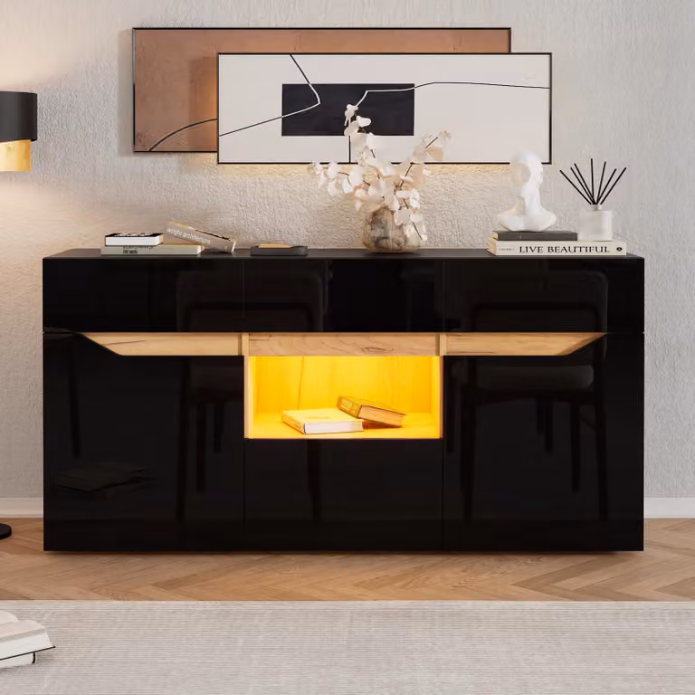 Credenza Merax 140 cm con frontale lucido, controllo tramite app LED, cassettiera con 4 cassetti e 2 armadi, design scandinavo, nero+legno naturale