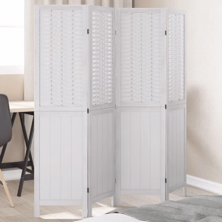Divisorio Ambienti vidaXL a 4 Pannelli in Legno di Paulownia e Rattan Bianco H: 160 cm, L: 140 cm