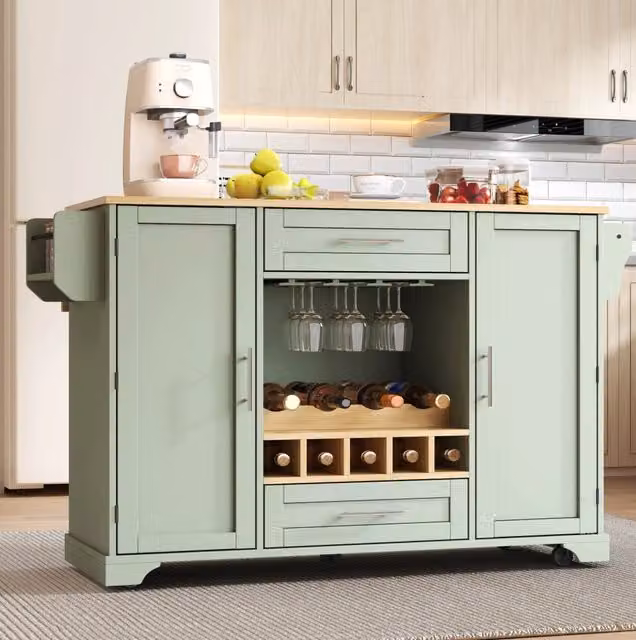 Carrello da cucina con piano pieghevole, verde antico
