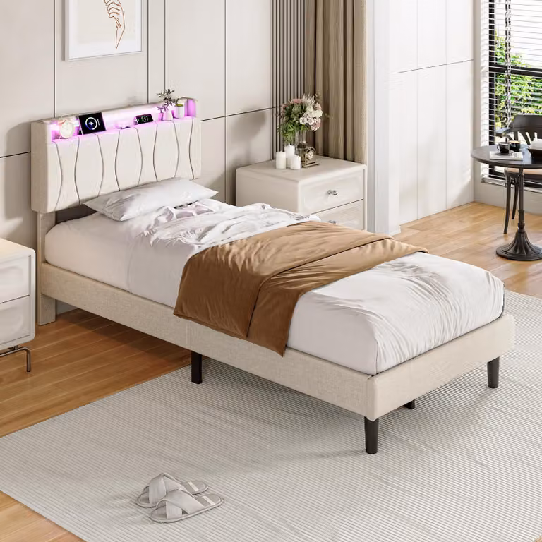 Letto imbottito REMZETTA, 90 x 200 cm, singola, ideale per adolescenti e adulti, con rete a doghe, testiera in lino, luci LED RGB, porta USB-C e 2 porte USB, color beige