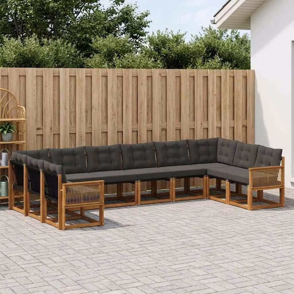Set di divani da esterno vidaXL a forma di U composto da 10 pezzi in legno di acacia e textilene, colore naturale e nero