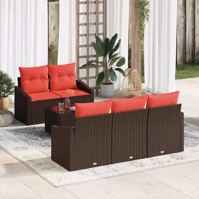 Set di divani 6 pz 3-Numero di posti Marrone e Rosso polyrattan 3346604