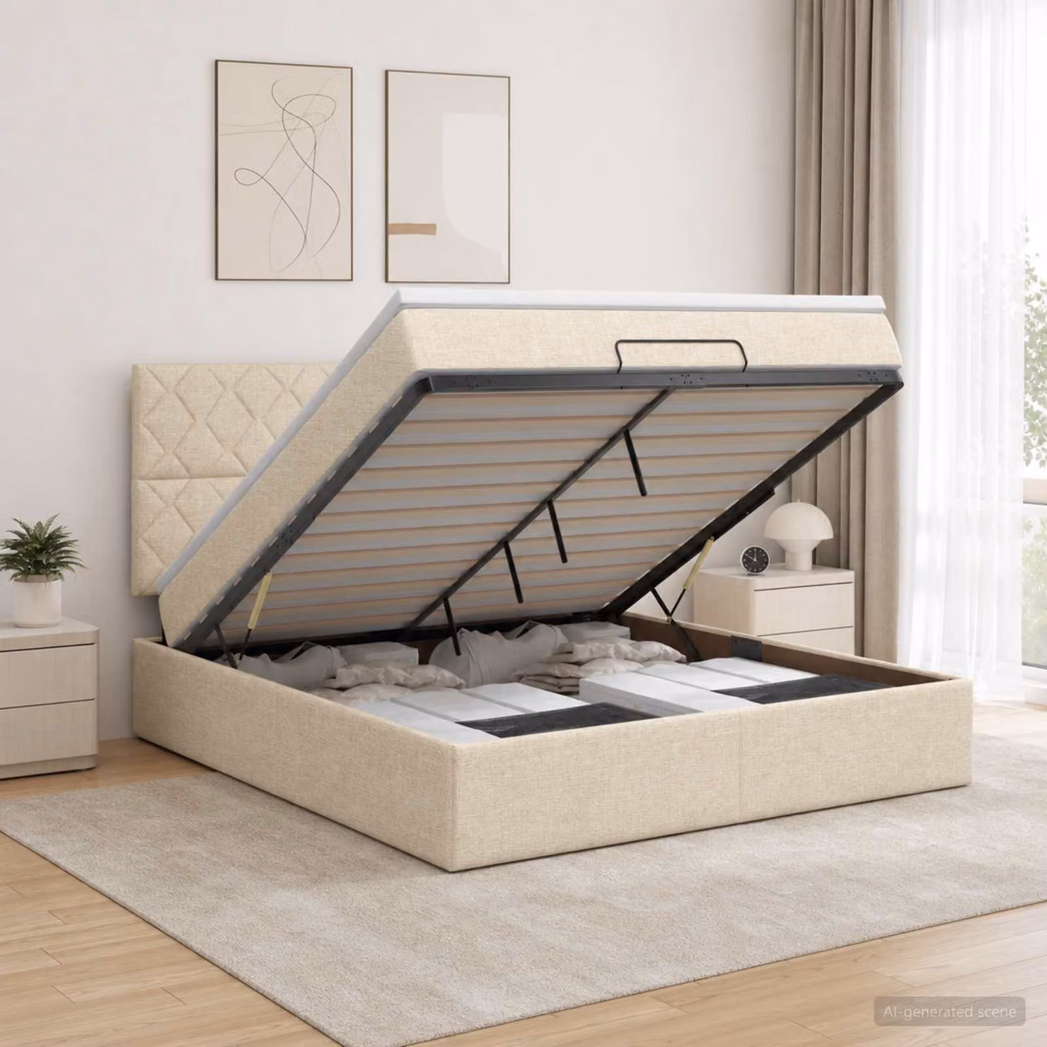 Letto ottomano con materasso vidaXL in tessuto beige e bianco, L/P: 140 x 190 cm