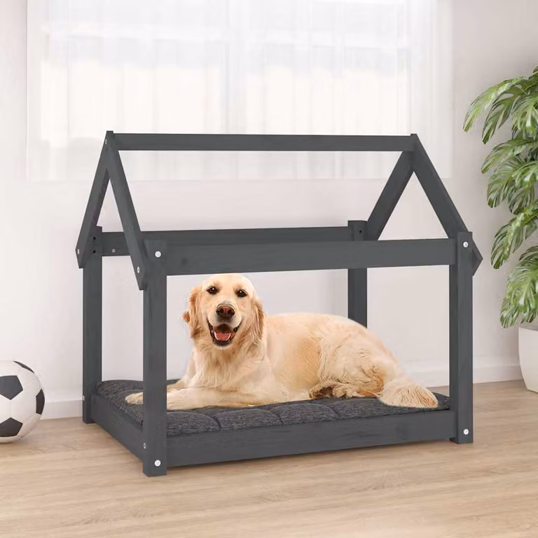 Cuccia per cani vidaXL in legno di pino massello, colore grigio, L 81 cm x P 60 cm x H 70 cm