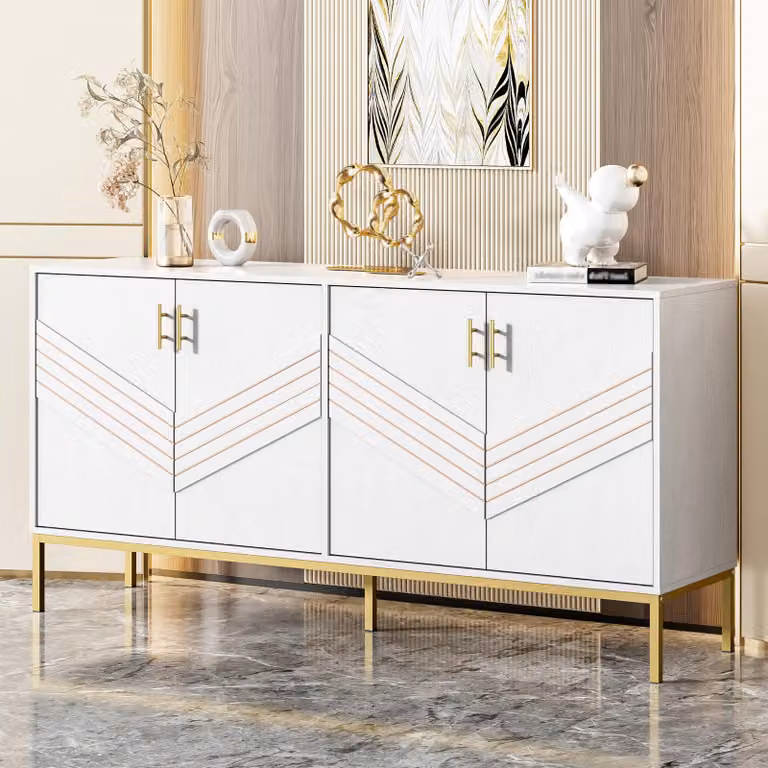 Credenza Merax 160x40x80,5cm, 4 ante con ripiani regolabili in altezza, cassettiera da soggiorno in MDF con gambe in metallo, moderna ed elegante, oro bianco