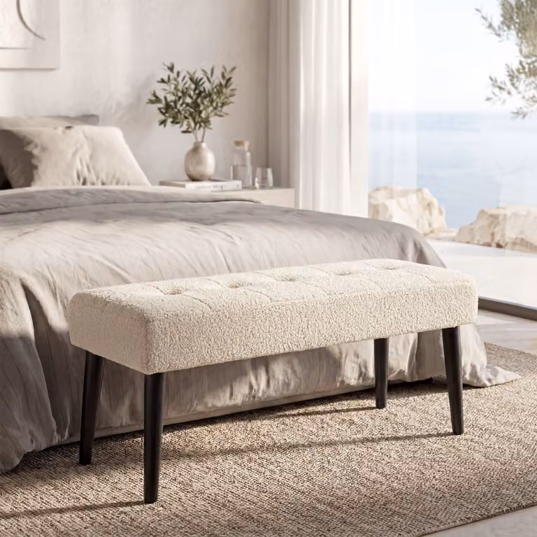 Panca Glora tectake in stile scandinavo con rivestimento in bouclé beige e struttura in metallo, L: 120 cm, P: 45 cm, H: 38 cm