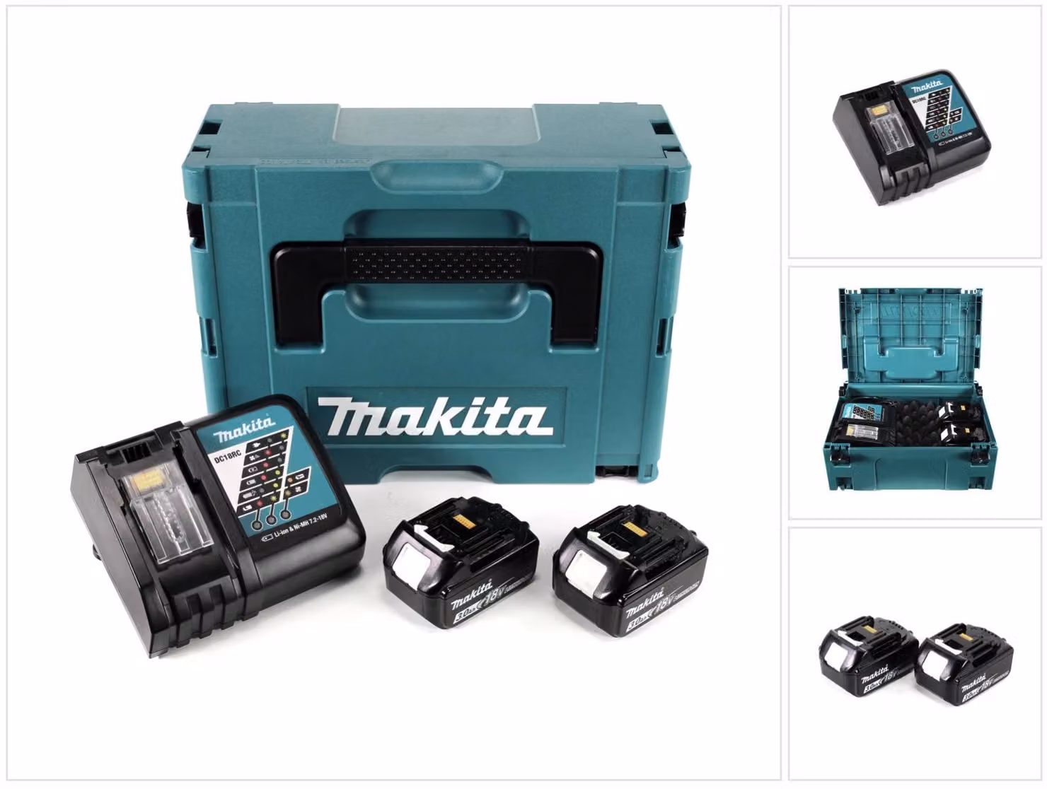 Makita Power Source Kit 18V con: 2x Batterie BL1830B 3,0Ah + Caricabatterie DC18RC ( 196693-0 ) + Valigetta Makpac