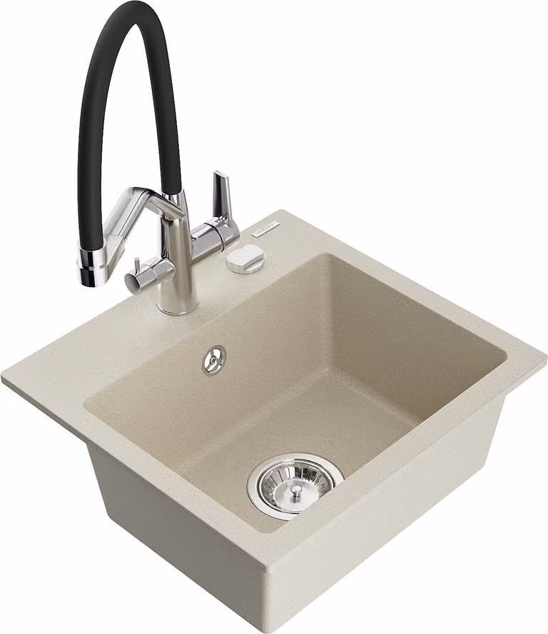 Mexen Milo lavello da cucina in granito a 1 vasca con rubinetto Duo, beige - 6505-69-671701-07