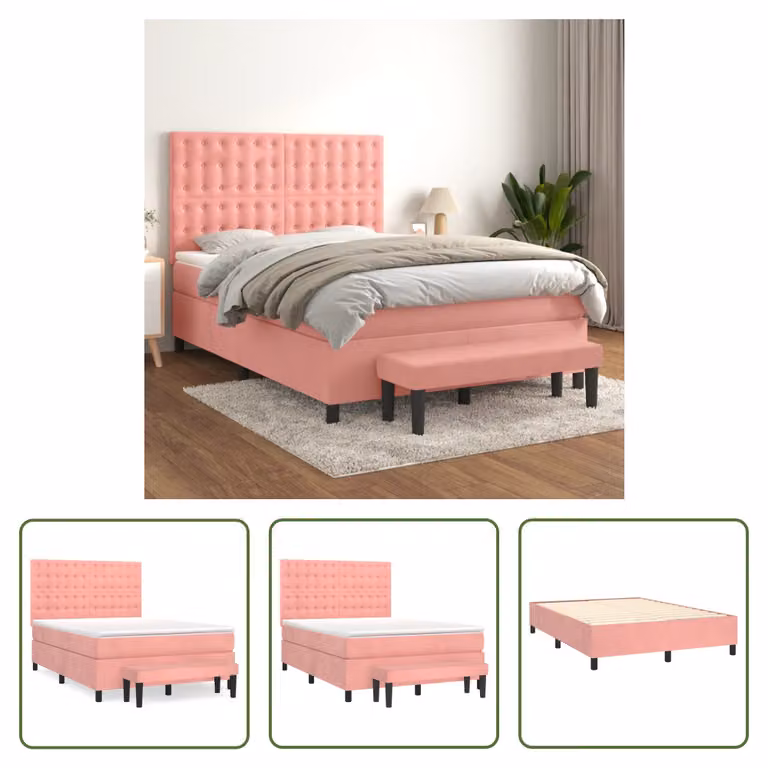 The Living Store Letto a molle con materasso Rosa 140x190 cm Velluto
