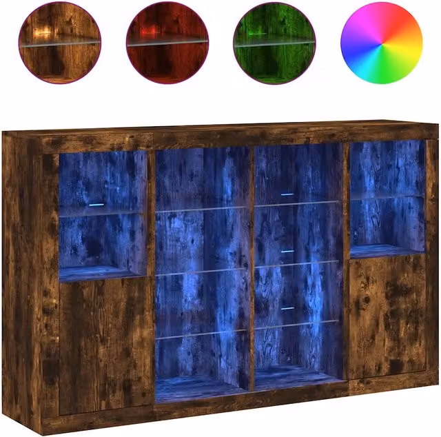 Credenze con Luci LED 3 pz | Madia | Buffet da pranzo | Armadio da pranzo Rovere Fumo in Legno Multistrato