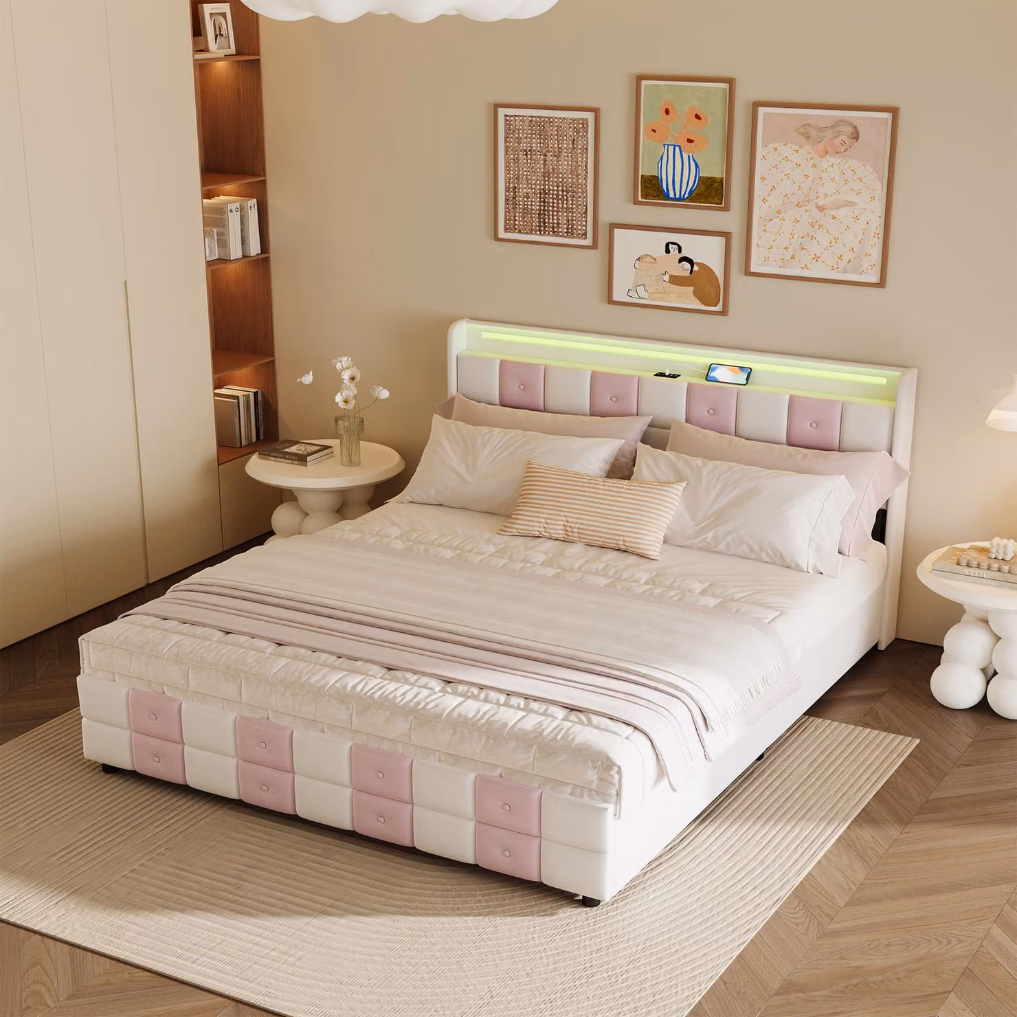 Letto in velluto bianco/rosa 140x200 cm con 4 cassetti, LED a 7 colori, porte USB, comfort e spazio, stile moderno
