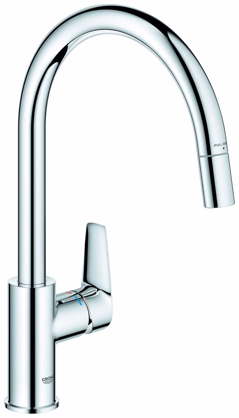 Grohe BauEdge Mitigeur monocommandé pour évier, saillie 215mm, haut, orientable, extractible, 30536000, 30536000