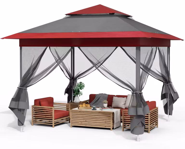 Gazebo da giardino – Tenda pop-up pieghevole per feste – 3,3 x 3,3 m – Tessuto Oxford impermeabile – Struttura in acciaio – Con zanzariera – Rosso/Scuro