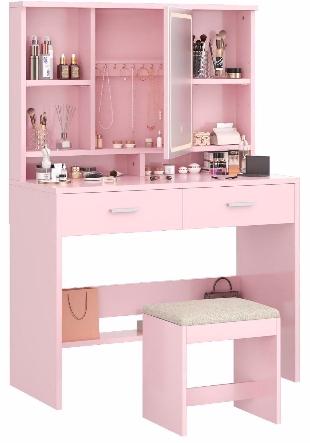 Comò da trucco con specchio illuminato a LED, dimmer a 3 livelli, 2 cassetti, ripiani regolabili, vano porta gioielli, colore rosa, inclusa una panca