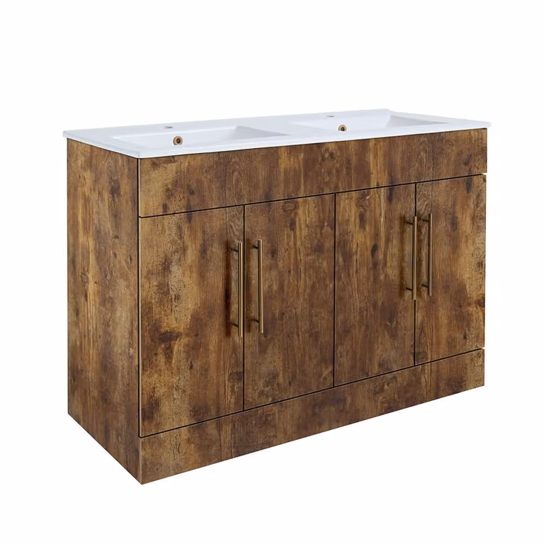 Mobile Bagno a Terra Rovere Scuro da 1210mm con Doppio Lavabo e Maniglie con Barra a T in Rame Satinato - Cluo