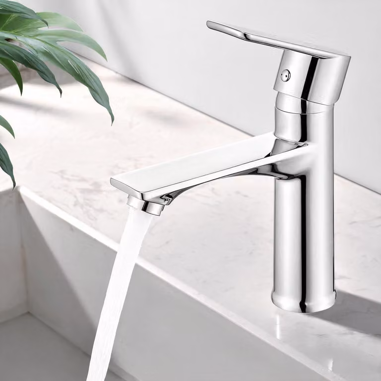 Miscelatore per lavabo da bagno, finitura cromata, senza piombo, con inserto in Vetroceramica