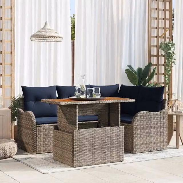 Set Divano da Giardino 5 Pezzi vidaXL con Tavolino e Cuscini, Design Moderno a L, Grigio e Blu