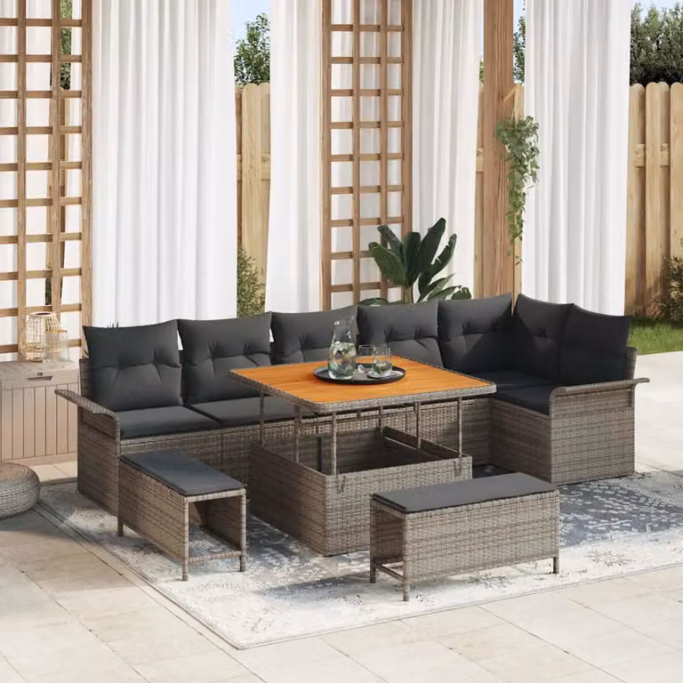 Set Divano da Giardino vidaXL 9 pz Grigio con Cuscini e Tavolino in Polyrattan e Acciaio