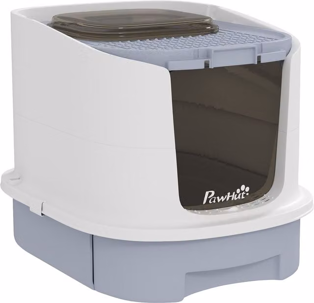 Lettiera per gatti chiusa PawHut con tetto rimovibile, vassoio estraibile e design moderno, Grigio e Bianco – 1